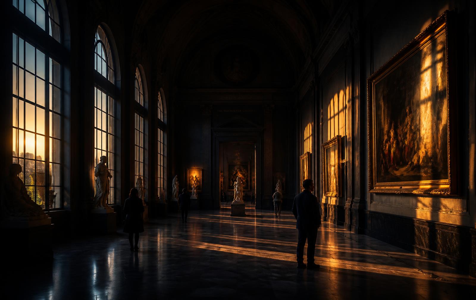 Galleria di un museo con visitatori e luce calda sulle opere